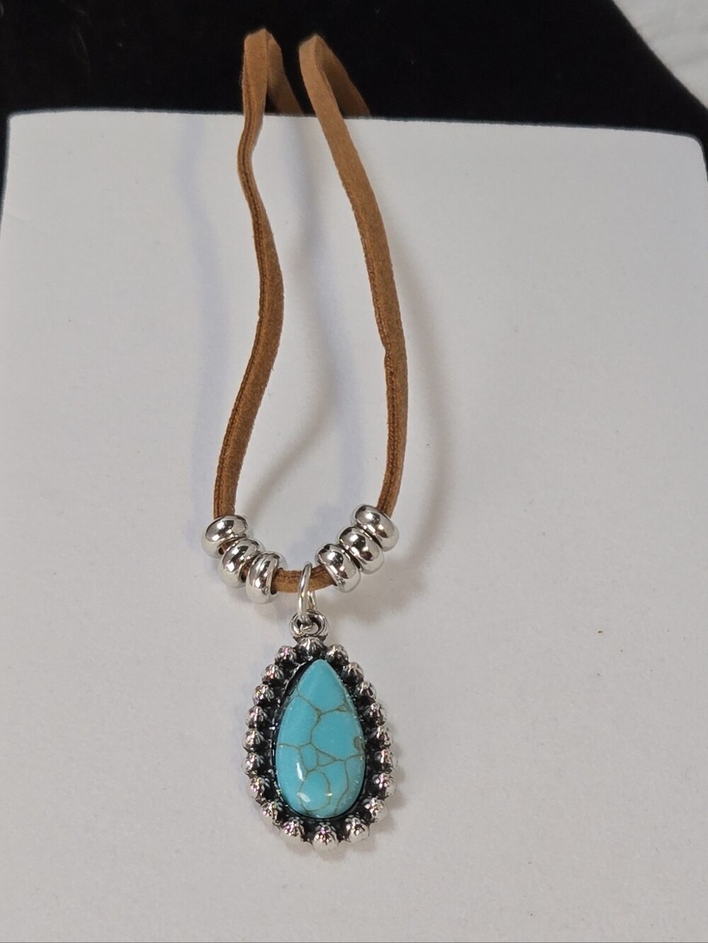 Turquoise Teardrop Pendant Necklace Boho Layered Suede Cord Jewelry Desert Chic - Picture 2 of 5